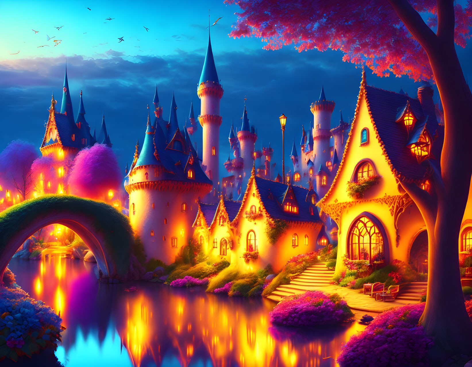 Fantasy castle at twilight with illuminated windows, gardens, and lake