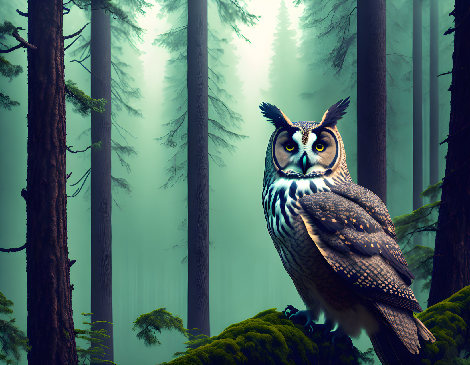 Owl perched on mossy branch in misty forest