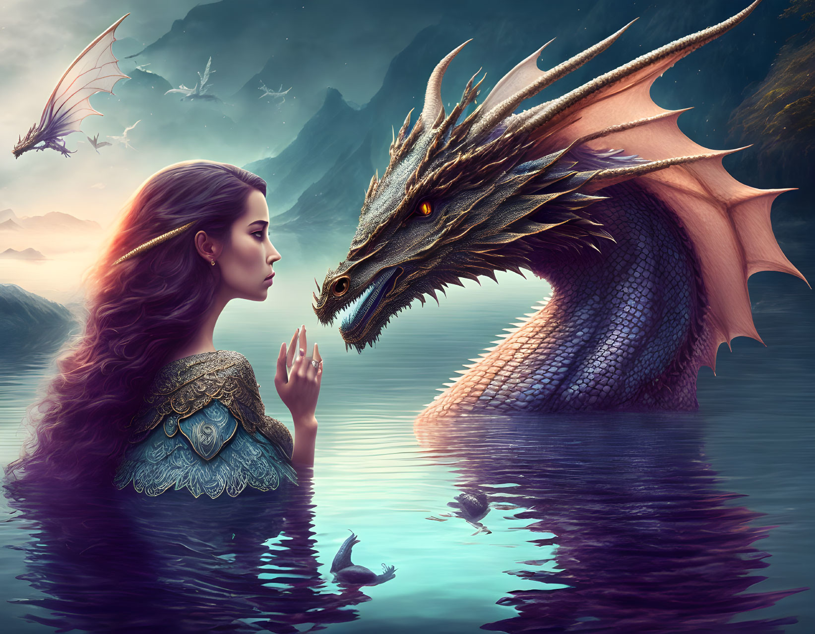 Woman facing dragon in serene mountain landscape