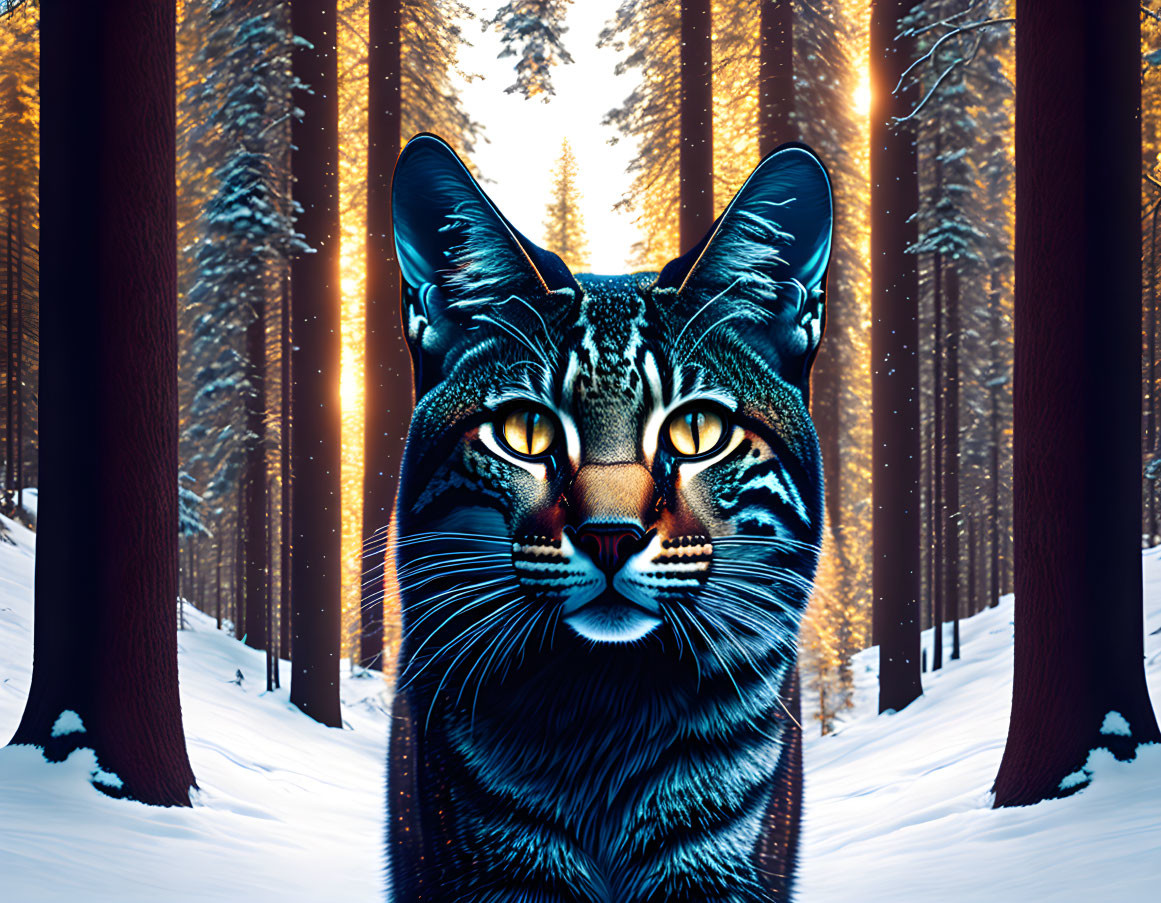 Enormous cat face on snowy forest background