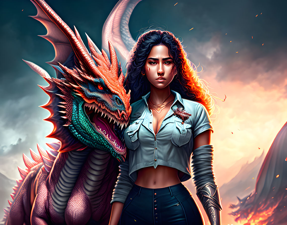 Majestic dragon beside confident woman under dramatic sky