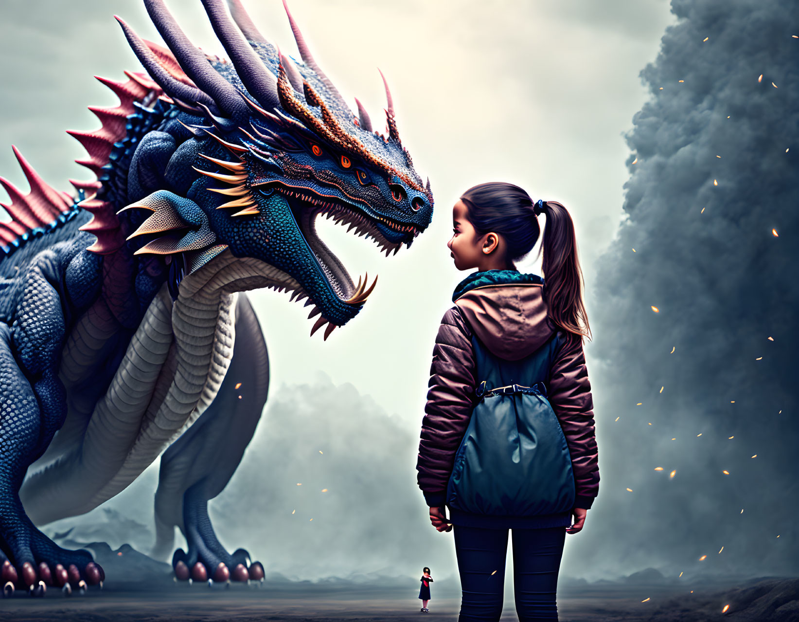 Young girl encounters blue-scaled dragon in misty landscape