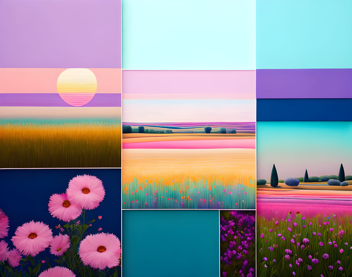 Collage of Nine Vibrant Landscape, Sunset, and Floral Field Images