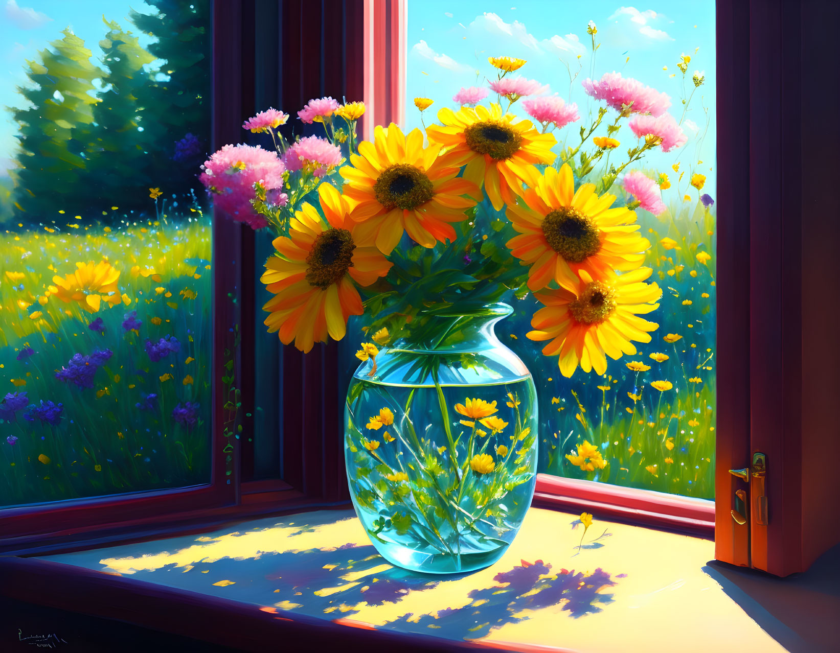 Yellow and pink flower bouquet in clear vase on windowsill with sunny meadow view.