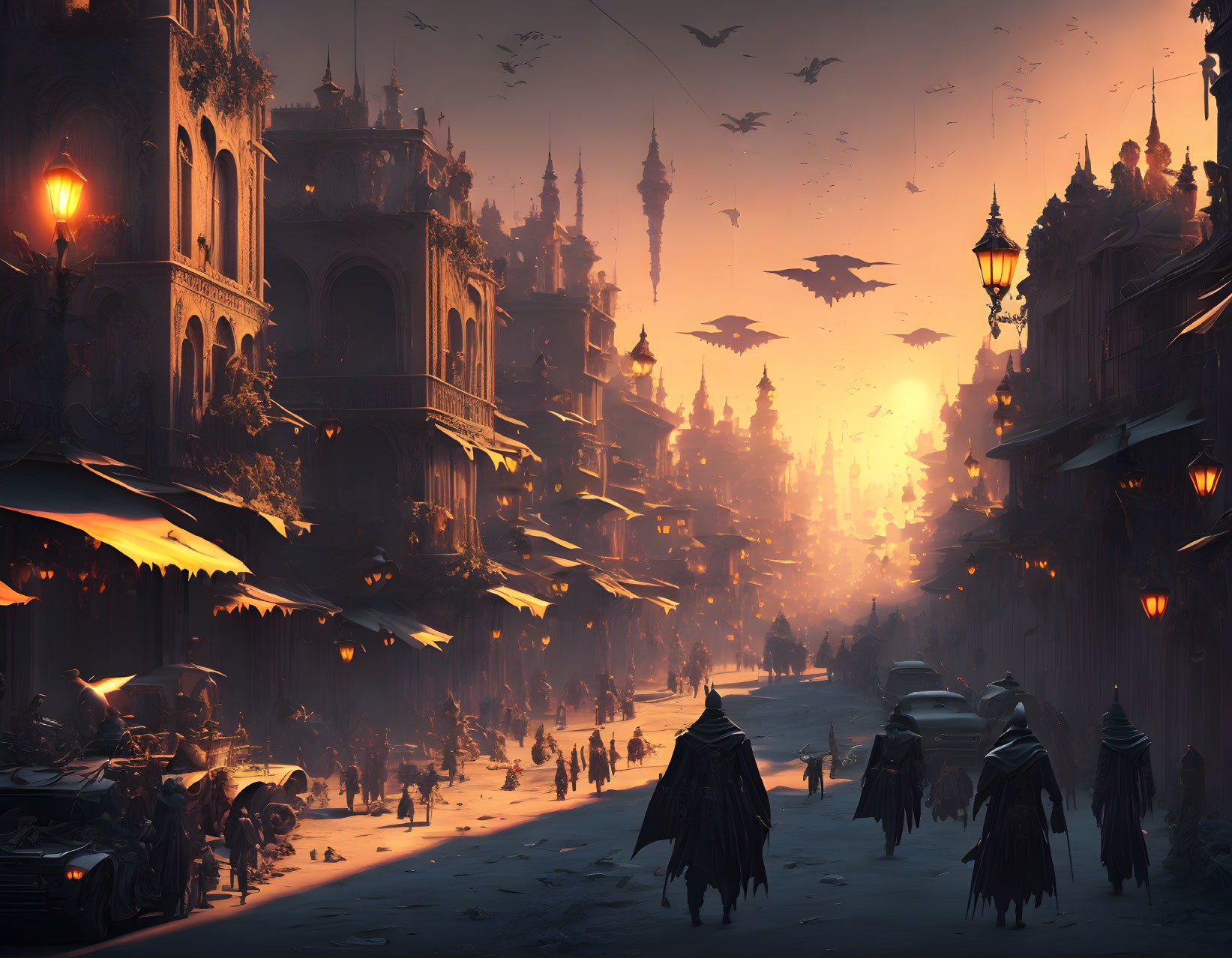 Fantasy cityscape at sunset with ornate buildings, cloaked figures, market stalls, flying creatures