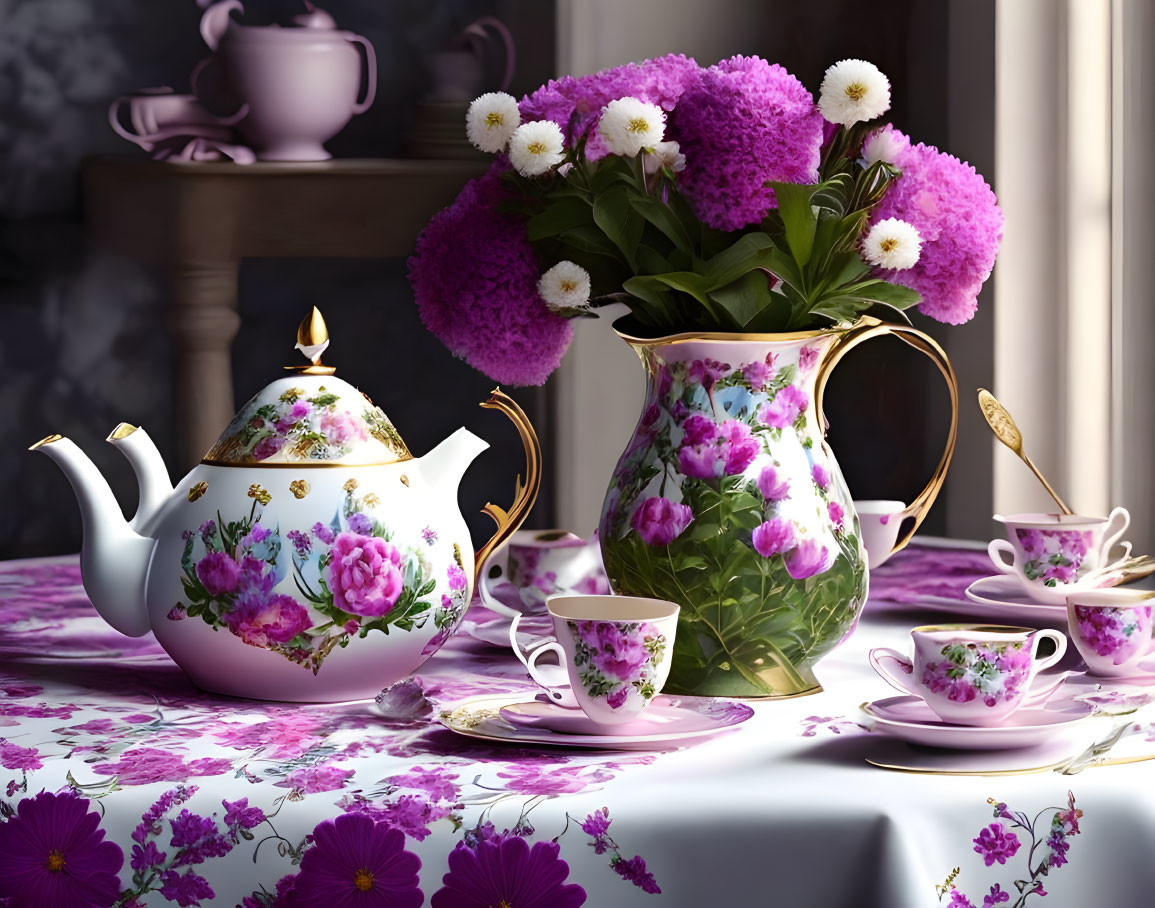 Floral-patterned tea set on table with purple flowers, gold spoons, and vibrant bouquet