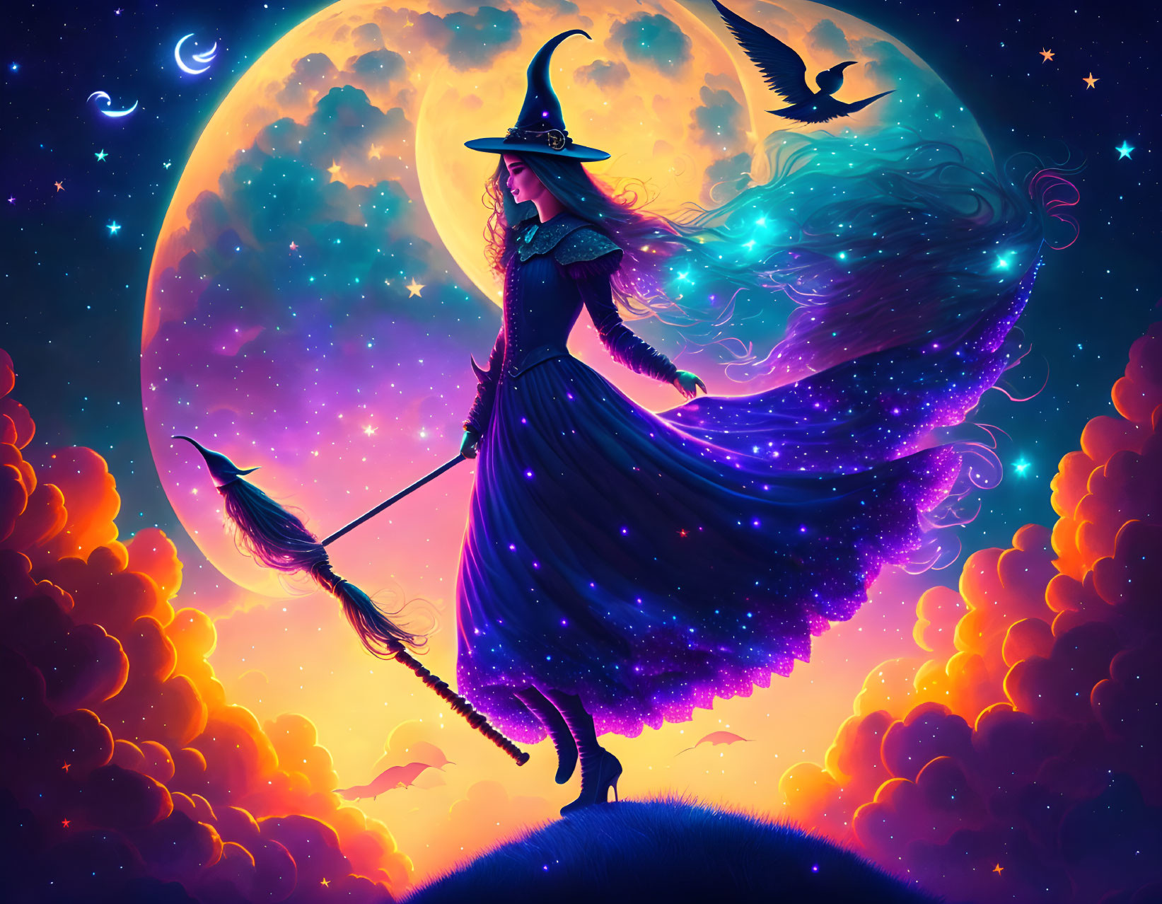 Mystical witch with broom in cosmic setting with moon, stars, raven