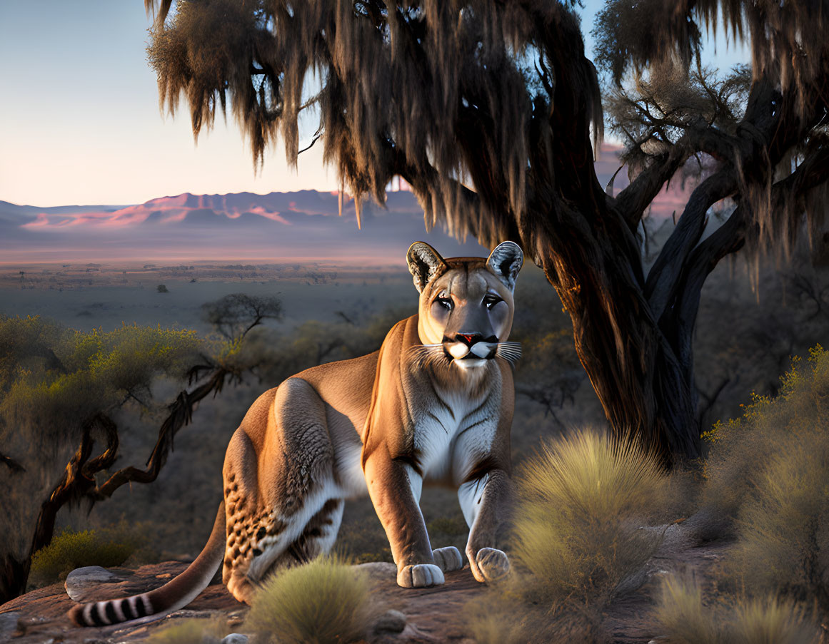 Majestic mountain lion under tree in desert dusk scene