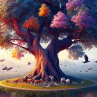 Majestic tree with green and pink foliage under soft-lit sky surrounded by animals