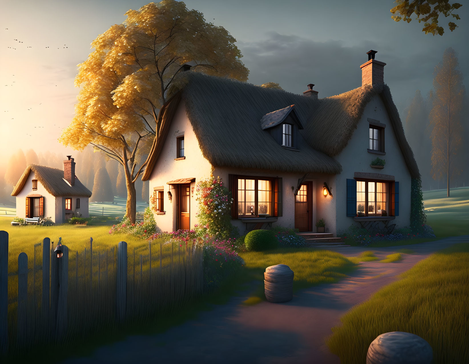 Charming thatched cottage at dusk with glowing windows, lush greenery, and wooden fence