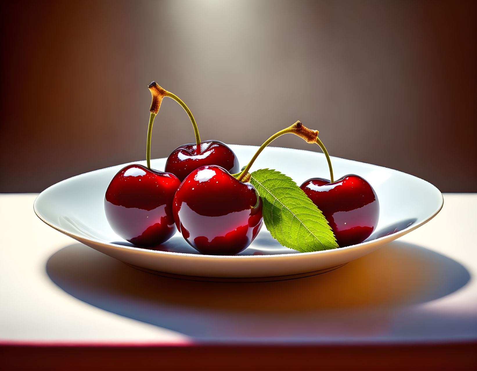 Fresh Red Cherries with Stems and Green Leaf on White Plate