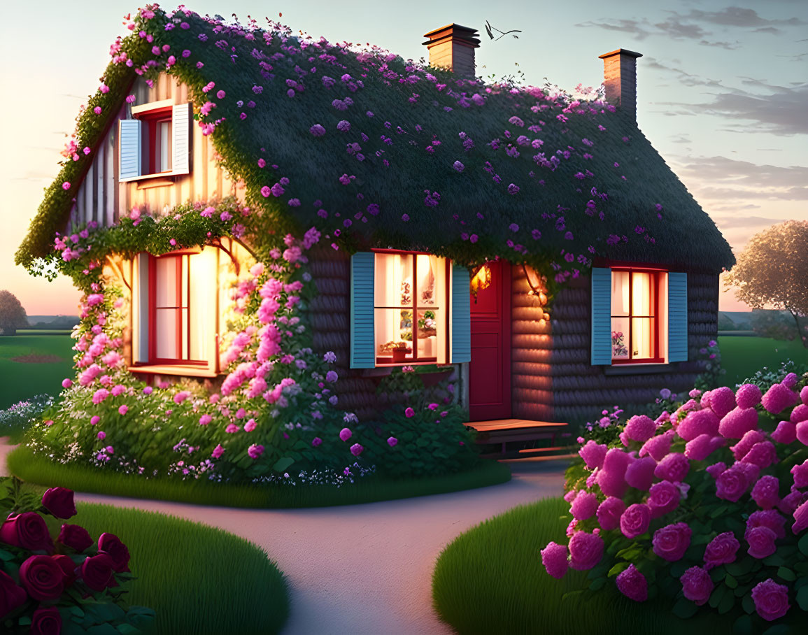 Thatched Roof Cottage with Blooming Flowers and Gardens at Twilight