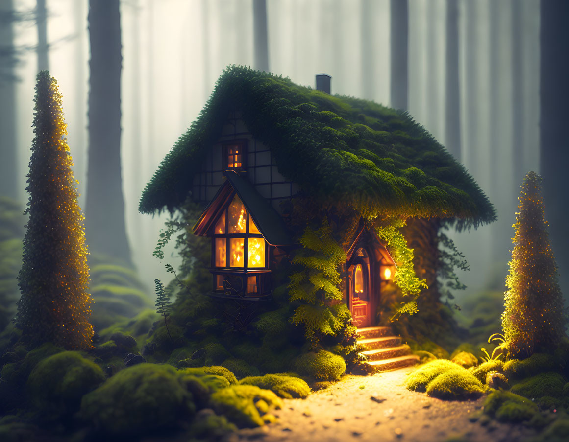 Enchanting moss-covered cottage in mystical forest