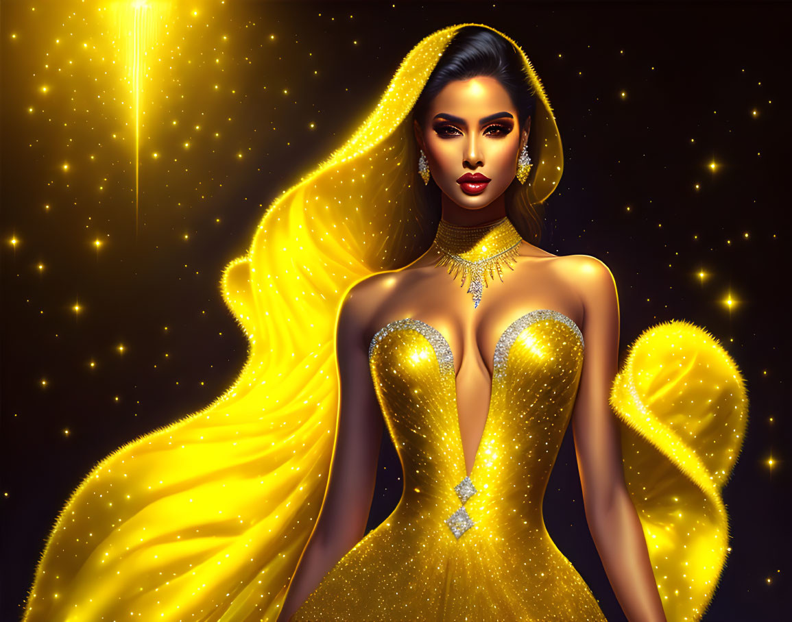 Illustrated woman in golden gown against starry night backdrop