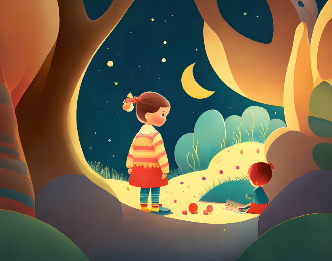 Illustration of two children in whimsical forest at night