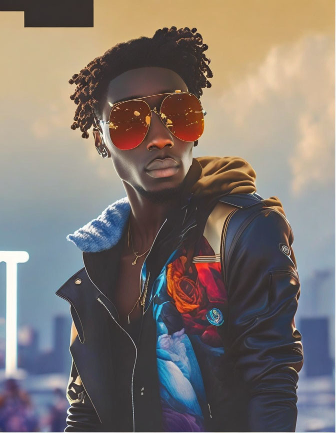 Curly-haired individual in floral jacket and orange sunglasses under sunset sky