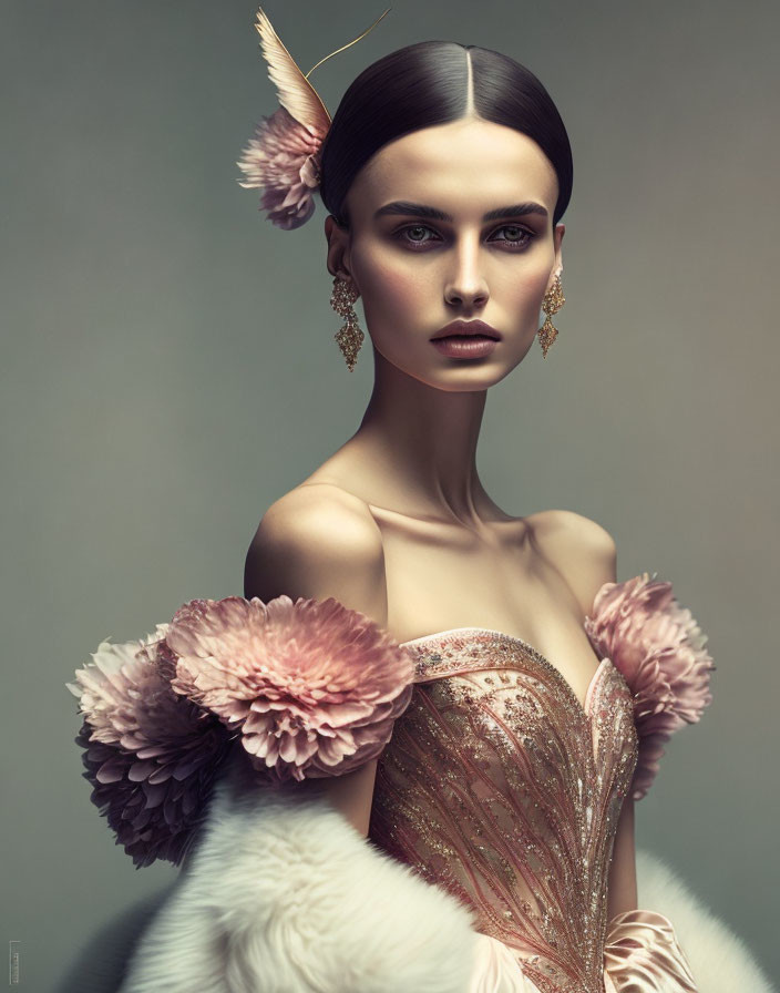 Stylish woman with feathered hairstyle in floral dress and fur stole.