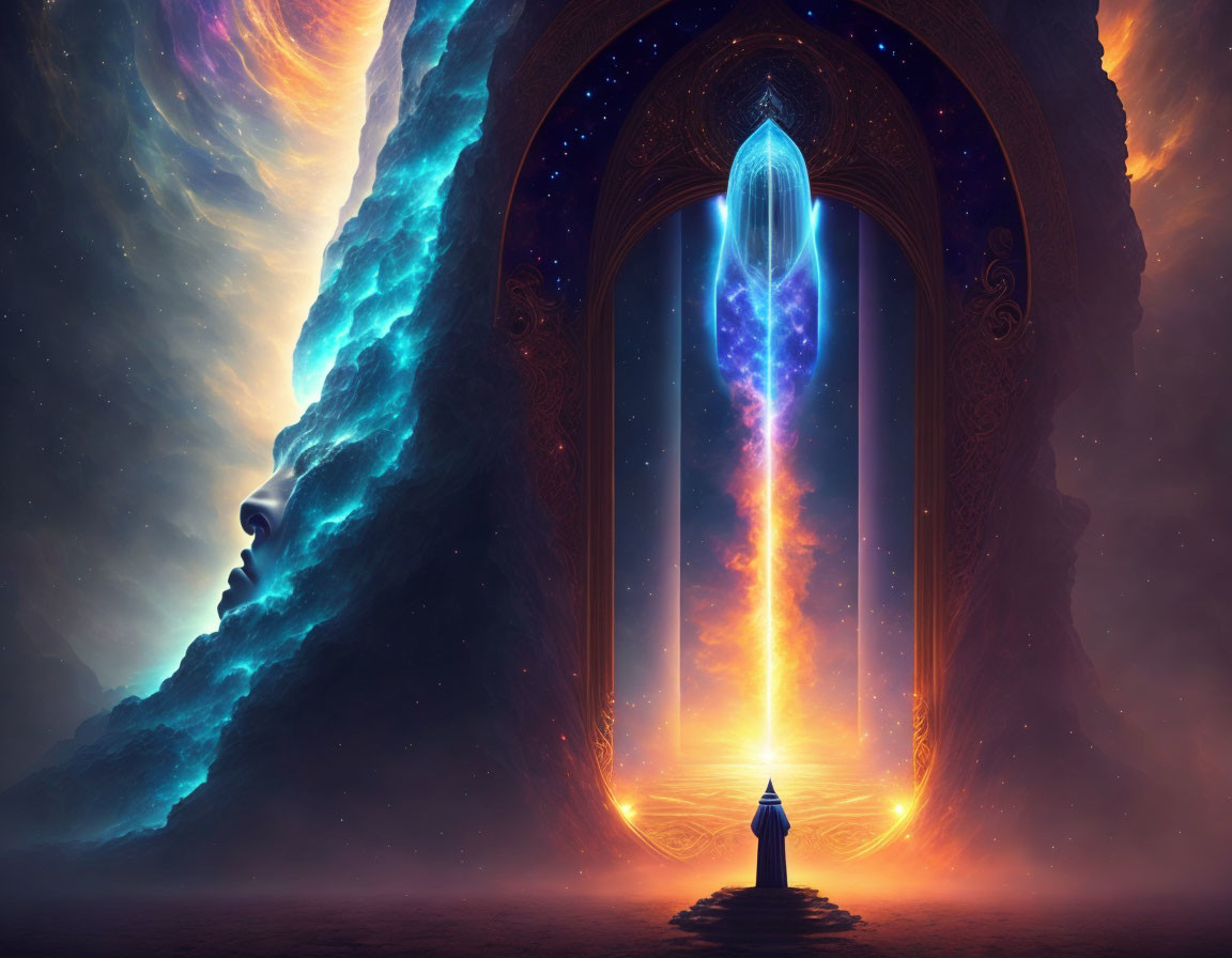 Cosmic doorway with floating jellyfish in mystical space setting