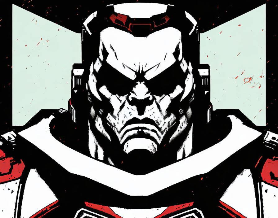 Futuristic armor-clad male character in white and red against splattered backdrop