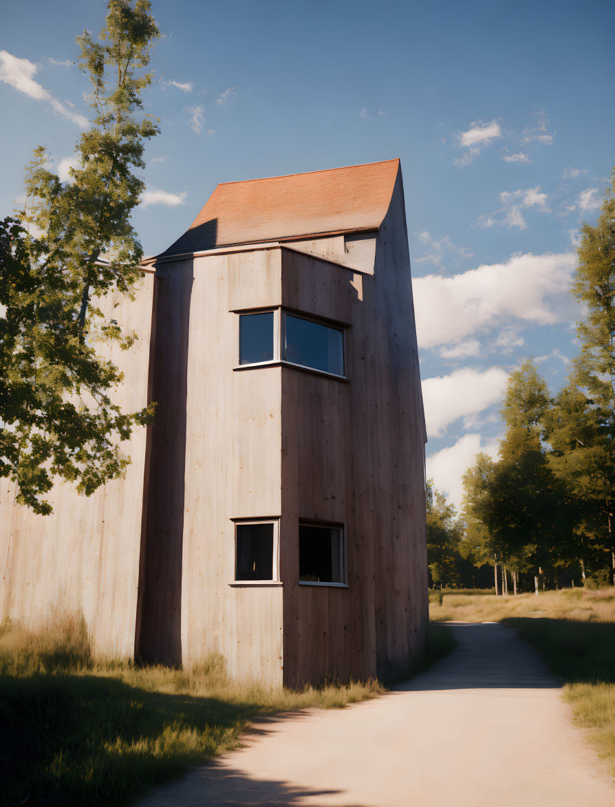 Tall Narrow Wooden Building with Pitched Roof Beside Curving Path