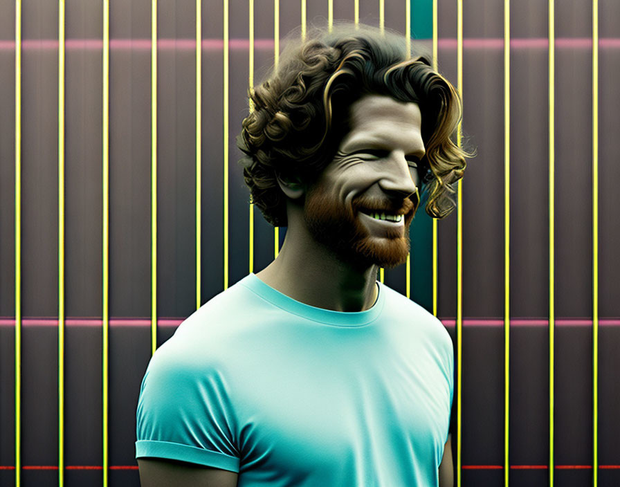 Smiling man with curly hair in cyan t-shirt on colorful striped background