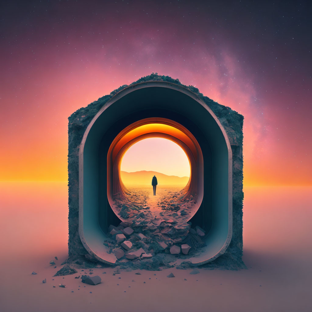 Surreal image of person in circular tunnel with serene sunset backdrop