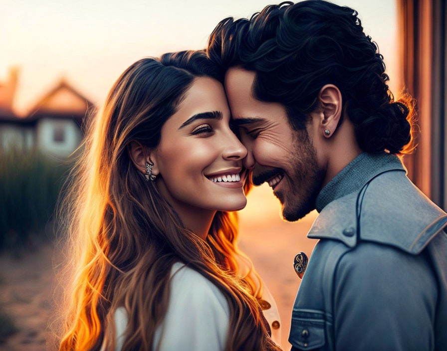 Happy couple embracing in golden hour light