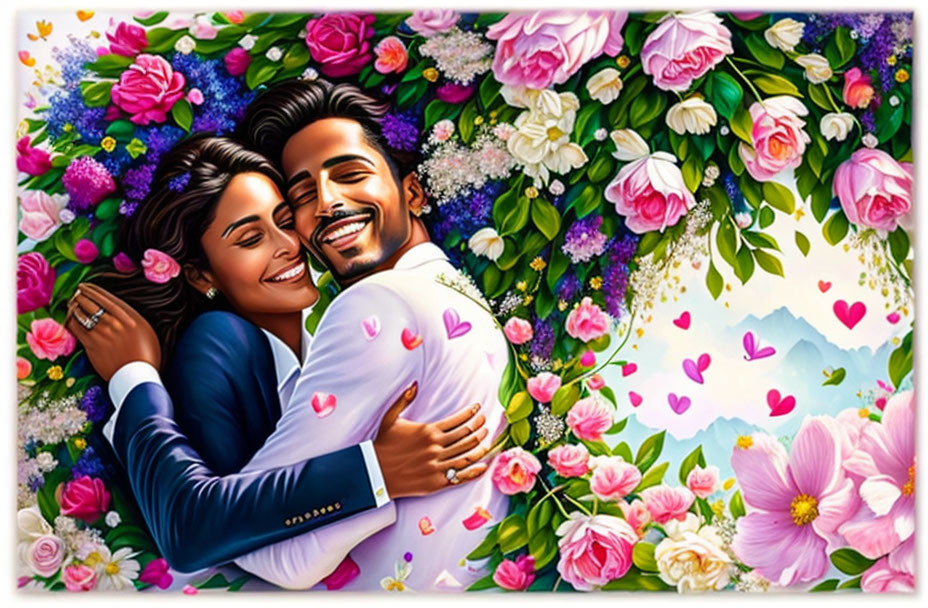 Illustrated couple embracing in vibrant flower setting with floating hearts