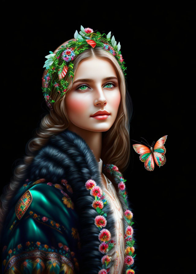 Digital portrait of woman with floral crown and butterfly on dark background