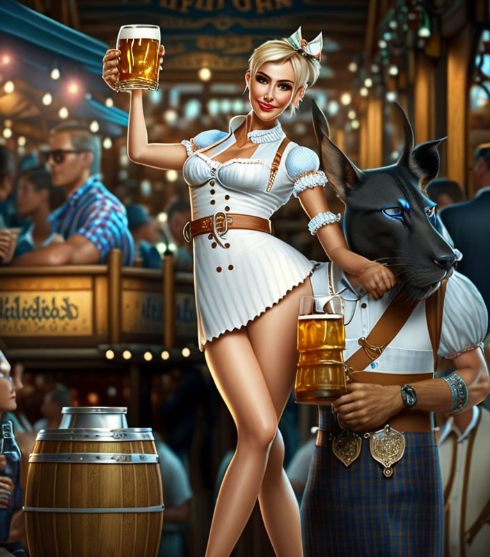 Illustration of Bavarian woman with beer & anthropomorphic wolf in Lederhosen at Oktoberfest