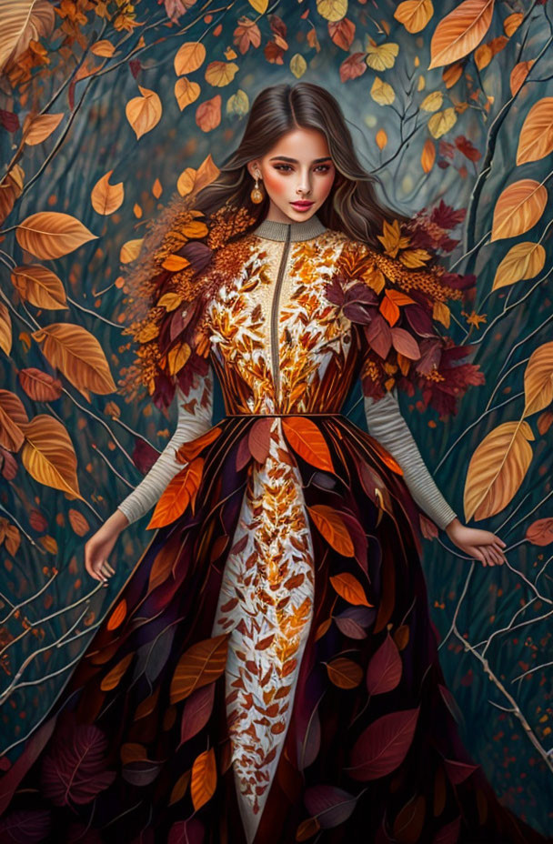 Woman in autumn leaf-inspired dress among falling foliage and trees