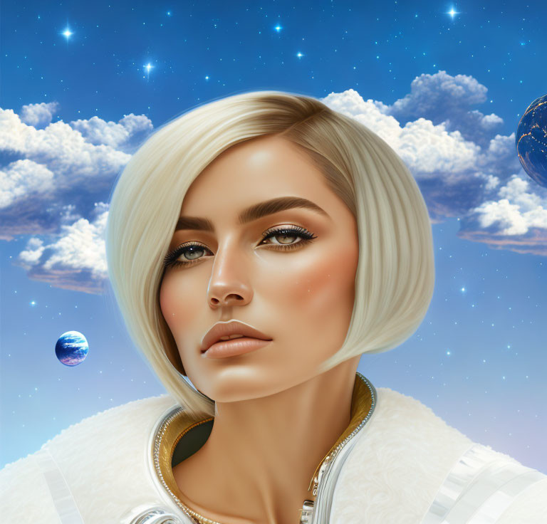 Blonde Woman Portrait with Cosmic Background