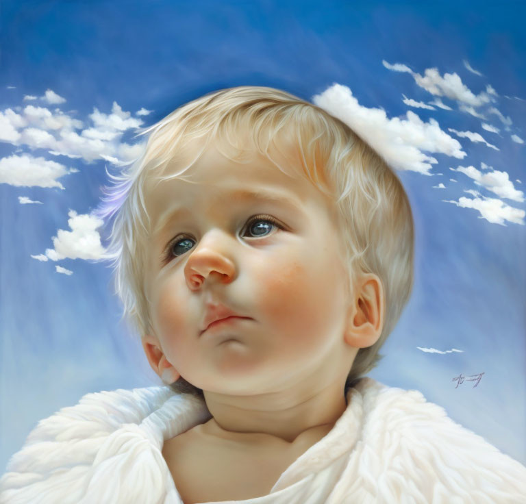 Blond toddler portrait against blue sky