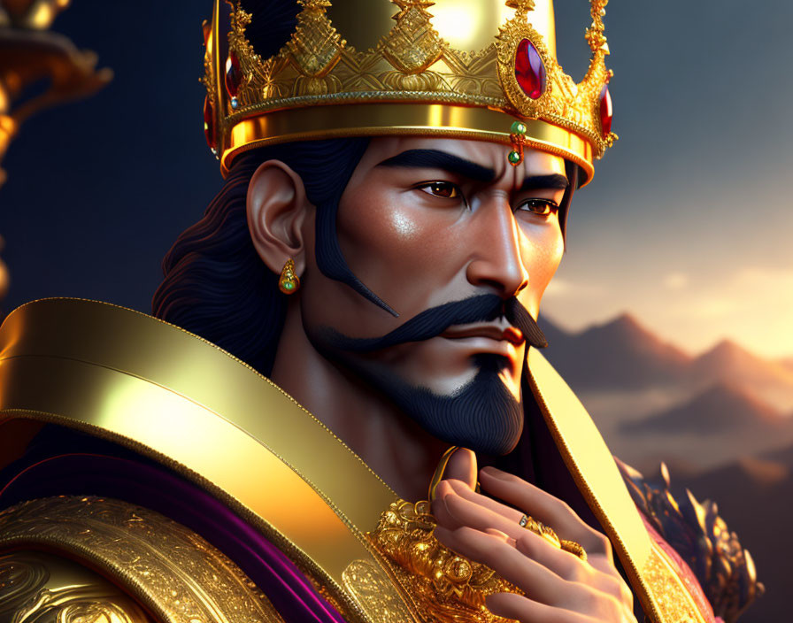 Regal animated character with golden crown in mountain landscape at dusk