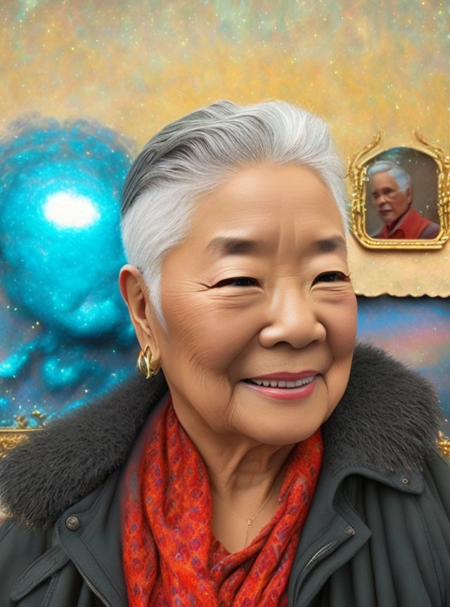 Silver-Haired Elderly Woman Smiling in Ornate Frame