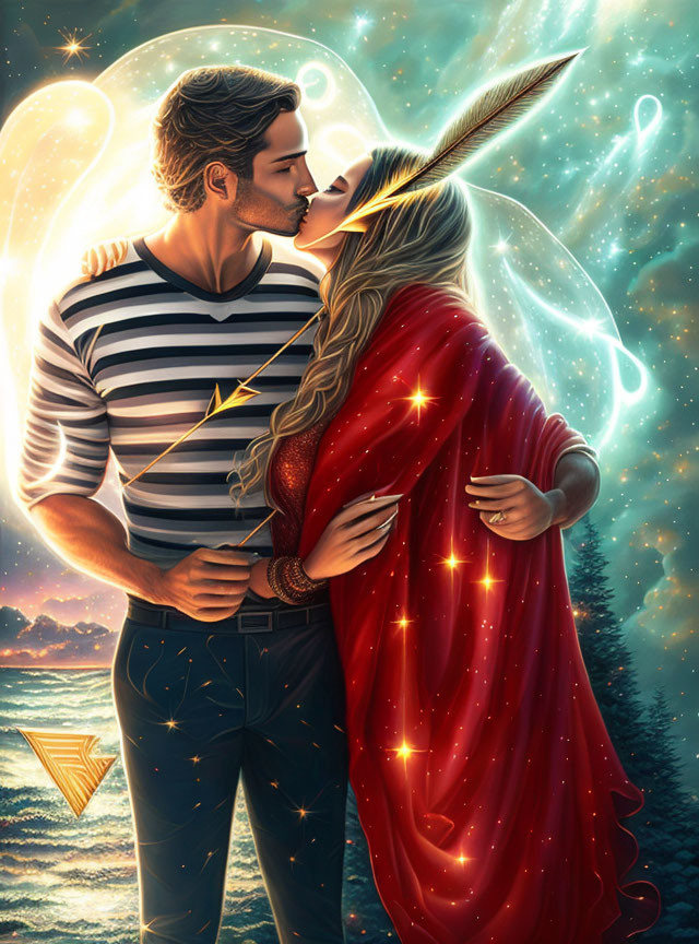 Digital illustration of couple embracing in cosmic setting