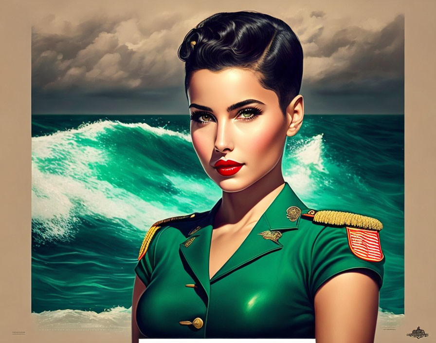 Stylized woman in military uniform with red lips and retro hairstyle by stormy seas