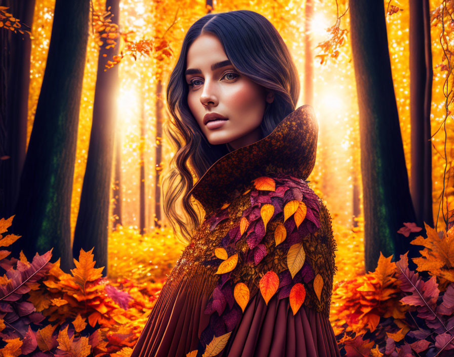 Woman in leaf-adorned cloak in vibrant autumn forest.