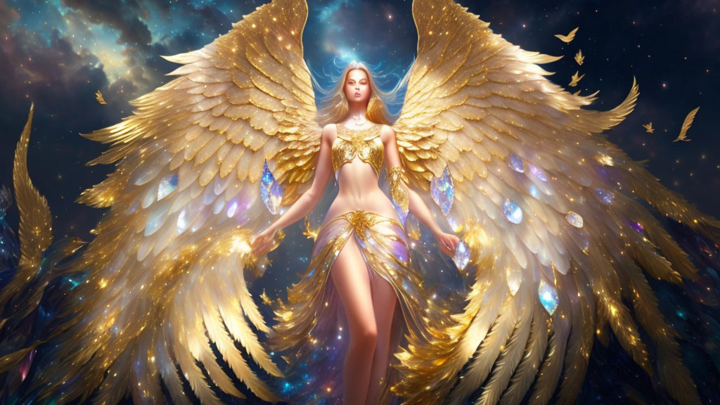 Golden-winged angel in cosmic setting with ornate attire