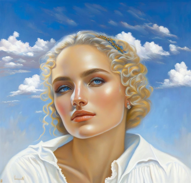 Blonde woman portrait with blue eyes and white blouse