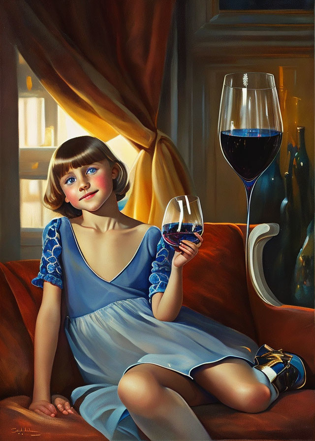 Portrait of young girl in blue dress with glass of red wine by sunlit window