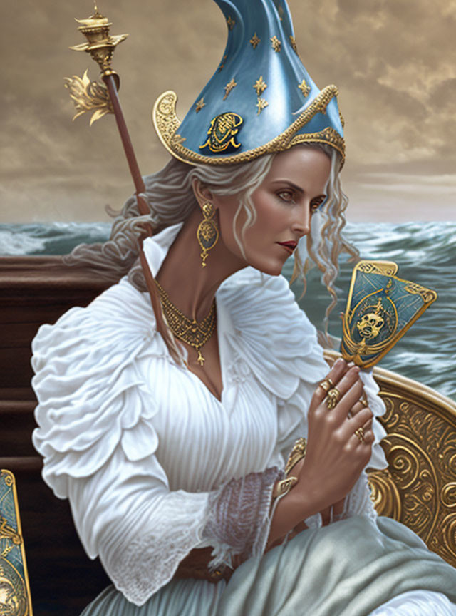 Regal woman in white blouse with starry blue hat holding tarot cards by seascape