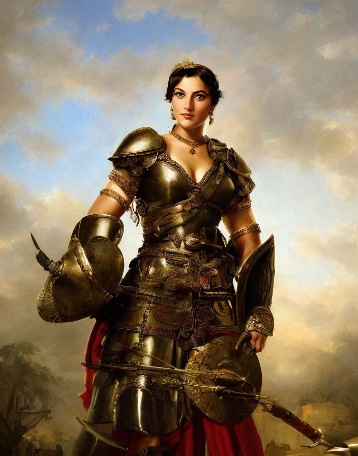 Digital painting of woman in medieval armor with sword and shield against cloudy sky