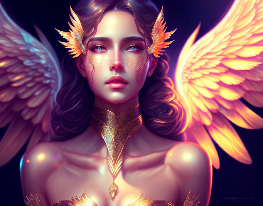 Digital Art: Woman with Golden Feathered Wings and Earrings