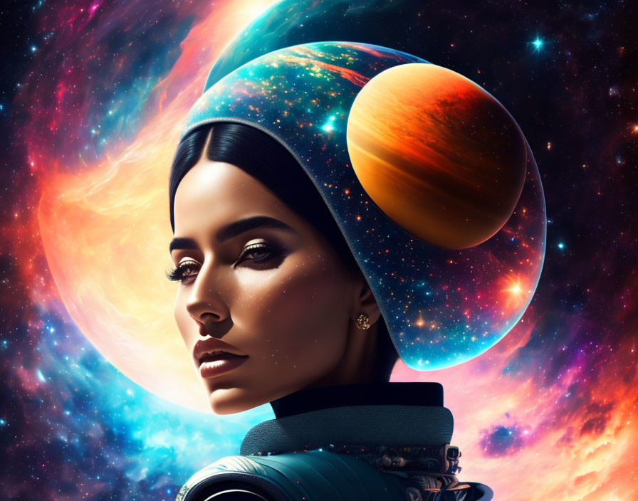 Cosmic digital artwork blending woman with space elements