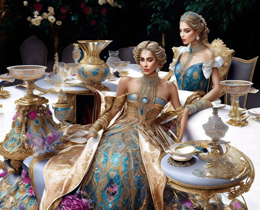 Luxurious women in ornate gowns at opulent table with floral backdrop