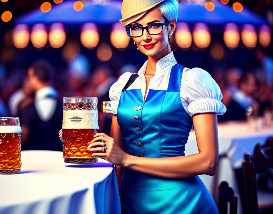 Illustration: Woman in dirndl holding beer stein at festive event