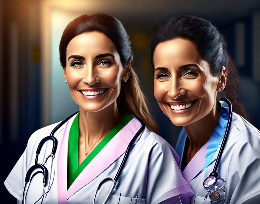 Two Female Healthcare Professionals in Blue Scrubs with Stethoscopes in Hospital Corridor