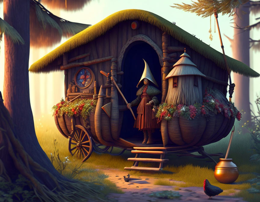 Fantasy caravan illustration with thatched roof and gnome character