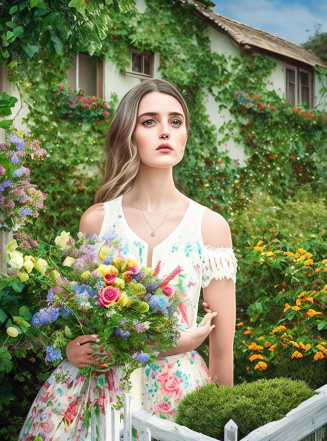 Woman in Floral Dress Holding Bouquet Surrounded by Greenery